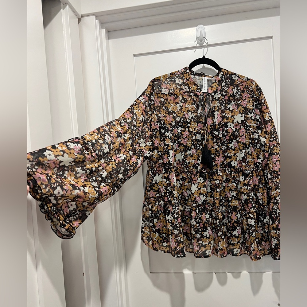 Women's Floral Peasant Blouse with Tassel Tie - Black/Multi